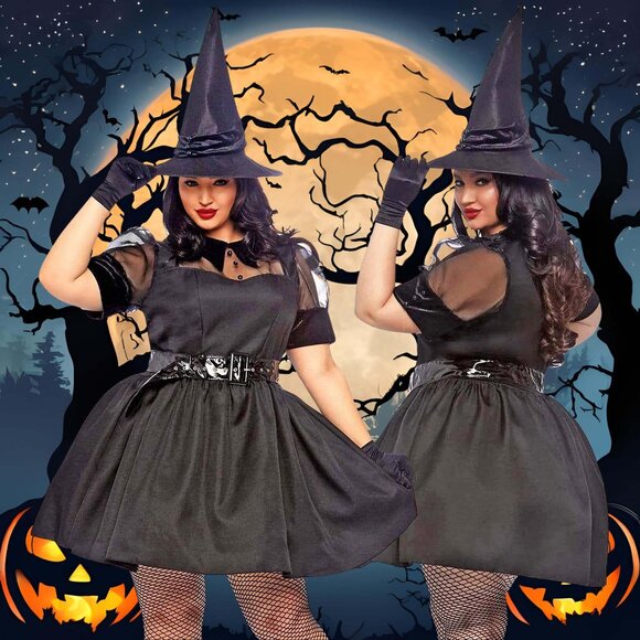 Witch Costume 1x/2x, 3x/4x Womens Plus Size Black Halloween 3Pc Dress Set - Picture 1 of 10